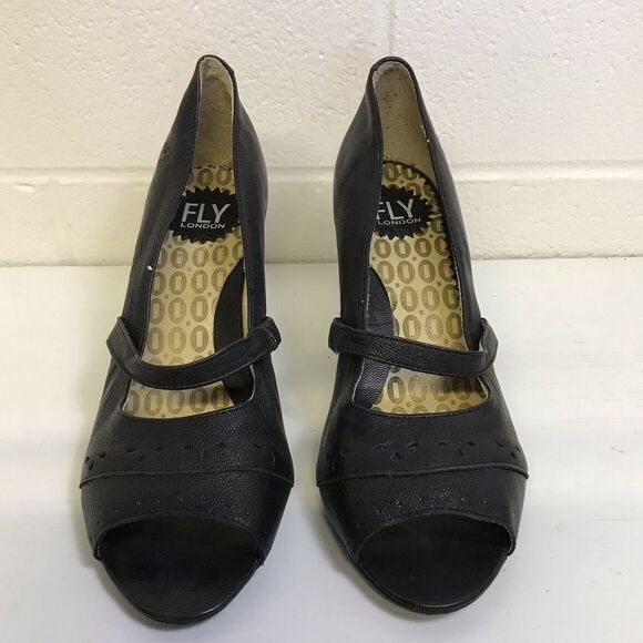 Fly London Black Leather Peep Toe 3” Heels size 41 (10/10.5) - Picture 2 of 15